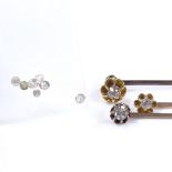 3 unmarked gold diamond set stick pins, together with 7 small unmounted diamonds