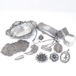 Various silverware, including bon bon dish, engraved evening purse, pierced buckle etc