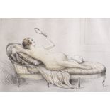 C Manciet, coloured etching, female nude, plate size 9" x 13", and a similar nude etching by P E