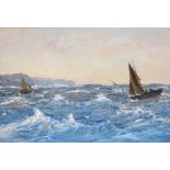 19th century oil on board, fishing boats off the coast, unsigned, 6.5" x 10", framed