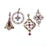 4 Victorian 9ct gold stone set pendants, largest height excluding bale 34.4mm, 8g total (4)