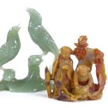 A Chinese soapstone carving depicting 2 figures, height 8.5cm, and a jadeite carving of 2 birds (2)