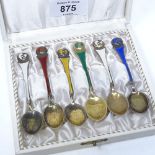 A set of 6 Danish sterling silver-gilt and harlequin enamel coffee spoons, with globe terminals,