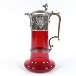 A Victorian cranberry glass claret jug with electroplate mount, height 28cm