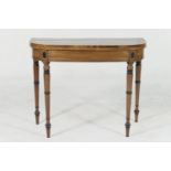 George III mahogany folding card table, circa 1800, D-shaped crossbanded with rosewood and inlaid