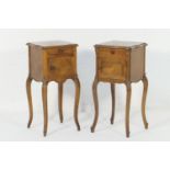 Two French walnut and marble topped night tables, each of square form, the top inset with red