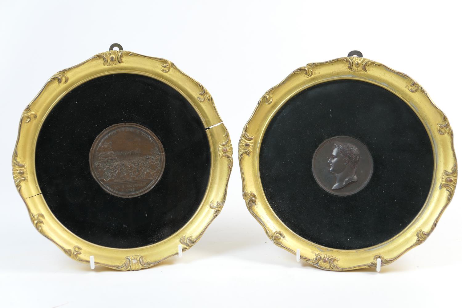 Napoleon Bonaparte commemorative medallion, by Andrieu, 6.5cm, mounted within a later black coloured