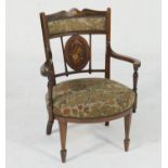 Late Victorian mahogany and inlaid salon chair, circa 1895, the back inlaid with musical trompe l'