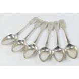 Set of six Victorian fiddle pattern dessert spoons, by W R Smily, London 1851, each haft engraved
