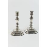 Pair of Danish silver plated candlesticks, in 18th Century style, having a stepped multi-knopped