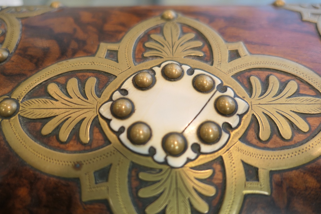 Victorian burr walnut and brass mounted tea caddy, in the Gothic Revival style, circa 1860, the - Image 6 of 10