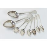 Pair of George IV silver fiddle pattern table spoons, maker H D, London 1821; also six George III