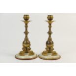 Pair of French cast gilt brass and marble candlesticks, circa 1900, the knopped columns supported on