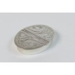 Modern silver double opening pill box, London 1993, oval form with engraved scroll decoration, 4cm