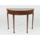 George III mahogany folding demi-lune card table, circa 1790, D-shaped top crossbanded and with