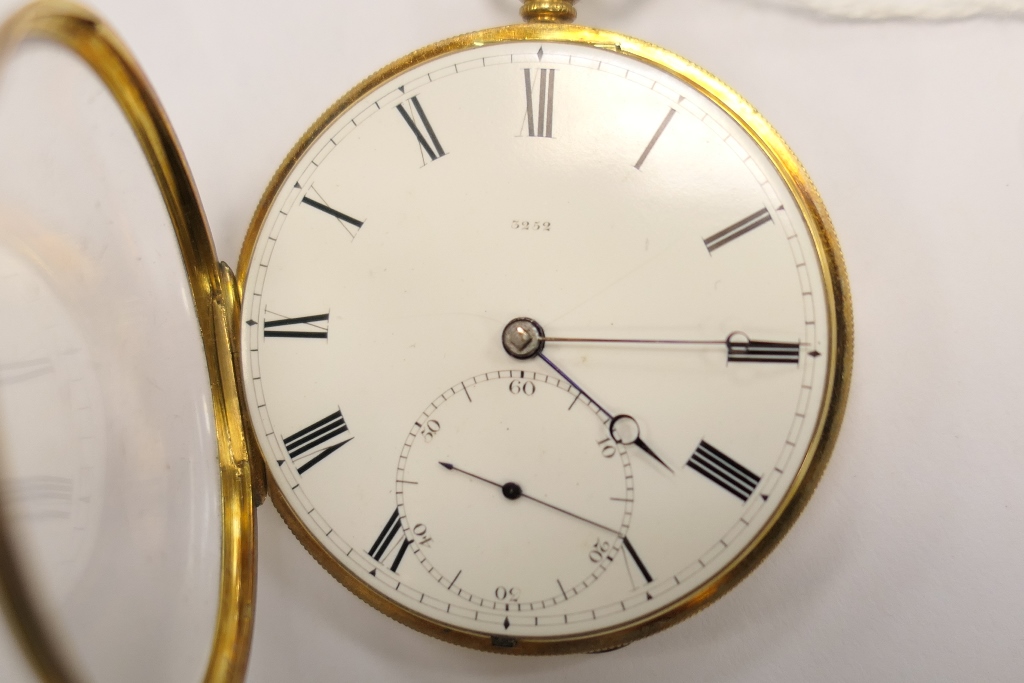 Early Victorian 18ct gold open faced pocket watch, London 1842, white dial with Roman numerals, - Image 5 of 7