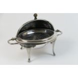 Late Victorian or Edwardian silver plated bacon dish, oval form with reeded up and over cover,