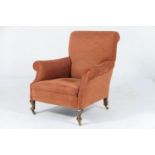 Late Victorian mahogany and upholstered deep easy chair, upholstered throughout in terracotta