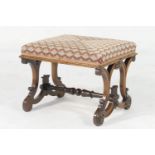 William IV rosewood and upholstered stool, finely upholstered in quartered needlework fabric, over a