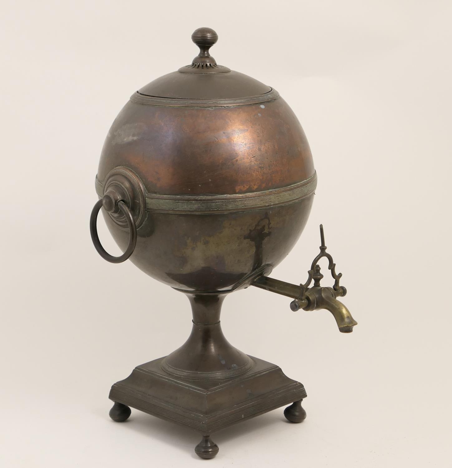 Regency copper samovar, circa 1810-20, globular form with ball finial, centred with a finely