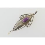 Theodore Fahrner Jugendstil silver pendant, centred with an amethyst coloured cabochon in an