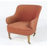 Late Victorian upholstered tub chair, the deep round back upholstered in terracotta fabric with a