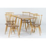 Ercol elm and beech dining table and chairs, the table with drop leaves over splayed square