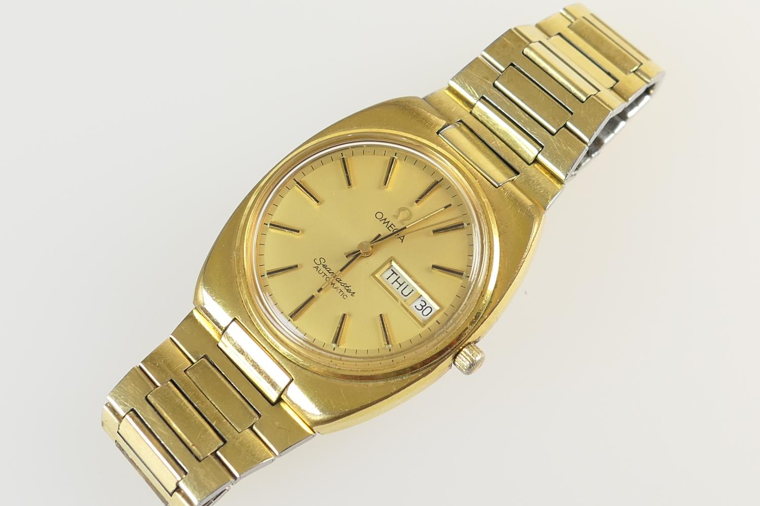 Omega Seamaster gent's gold plated wristwatch, circa 1960s, 27mm gold coloured dial with day and