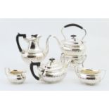 Late Victorian silver composite five piece tea service, comprising spirit kettle on stand, coffee