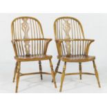 Pair of ash and elm high back Windsor armchairs, in 18th Century style, with pierced splat backs,