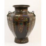 Large Japanese champleve enamelled bronze vase, Meiji (1868-1912), hexagonal shouldered form with