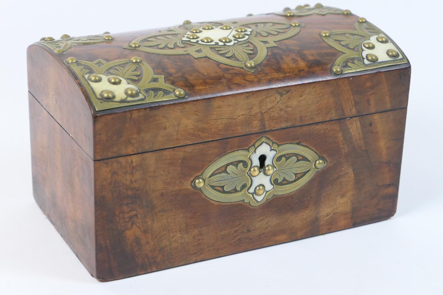 Victorian burr walnut and brass mounted tea caddy, in the Gothic Revival style, circa 1860, the