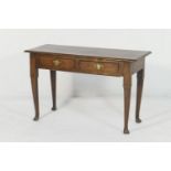 George III oak side table, two plank top with moulded edge over two frieze drawers with original