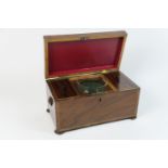 Late Regency mahogany and walnut banded tea caddy, circa 1820, rectangular form opening to an