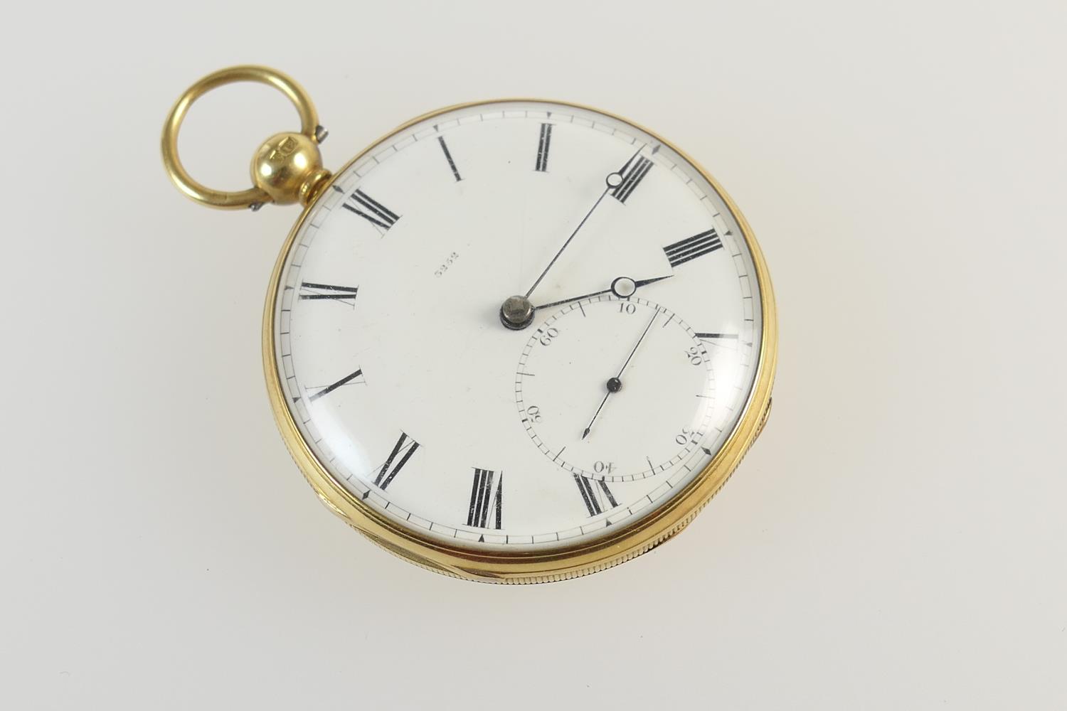 Early Victorian 18ct gold open faced pocket watch, London 1842, white dial with Roman numerals,