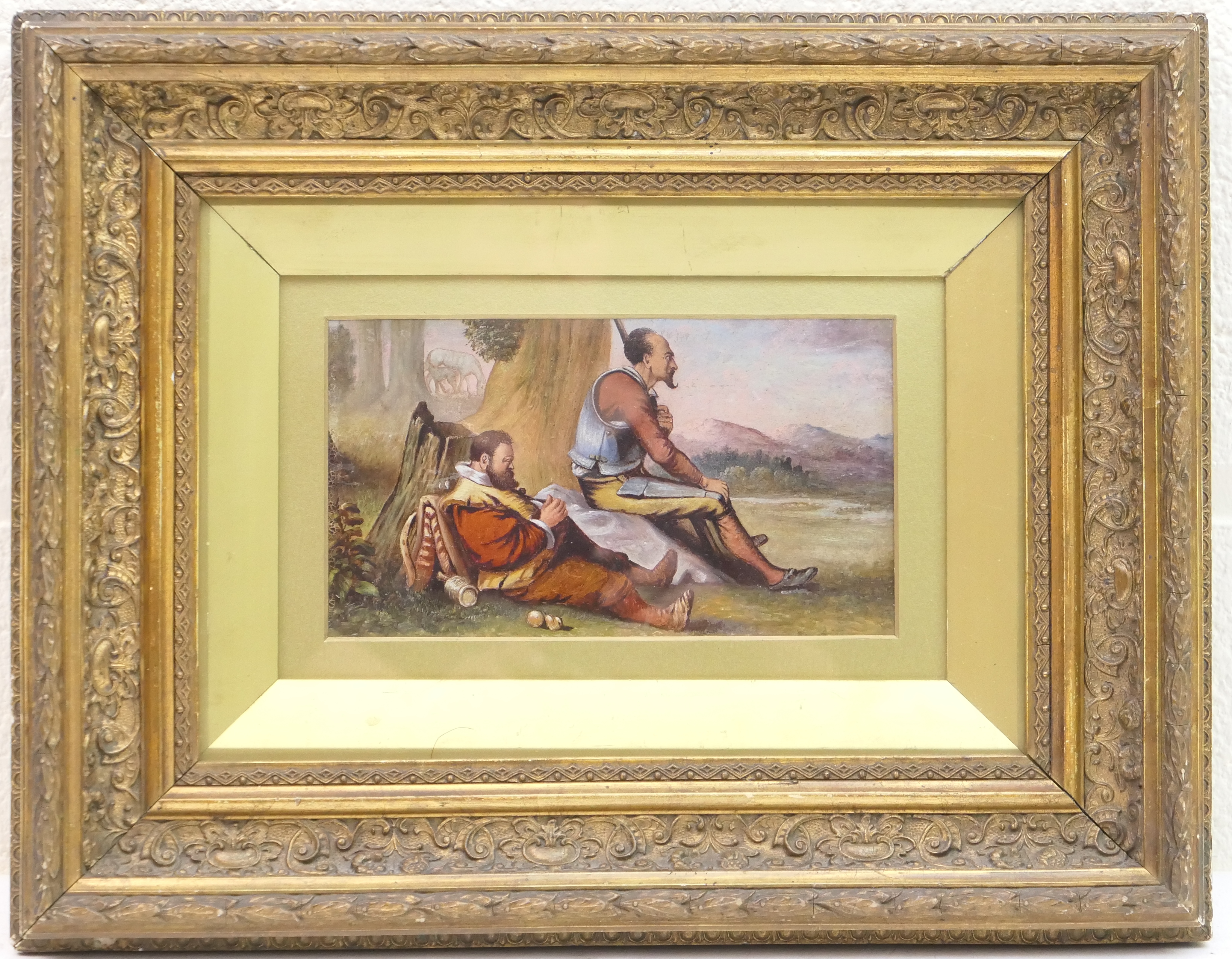English School (early 20th Century), Don Quixote and Sancho Panza resting by a tree, oil on mill