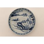 Richard Chaffers, Liverpool, blue and white saucer, circa 1760, decorated with a Chinese river scene