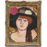 Follower of John Duncan Fergusson (1874-1961), Girl in a black hat, oil on canvas board, bearing