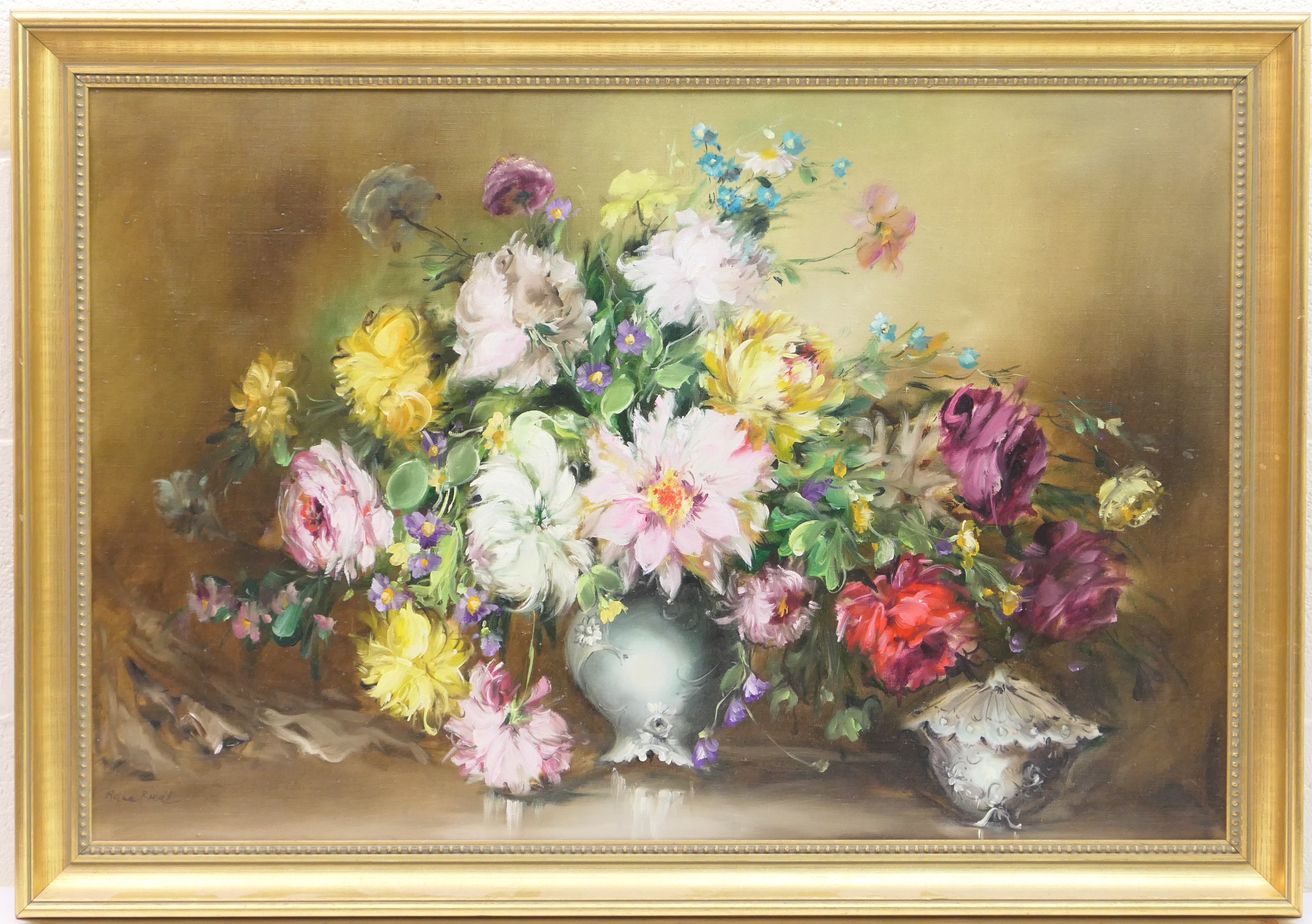 Rana Riedl (Hungarian, late 20th Century), Still life, mixed flowers in a vase, 60cm x 92cm