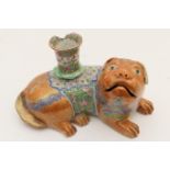 Cantonese famille rose incense burner, 19th Century, formed as a dog, painted in blue and gilt