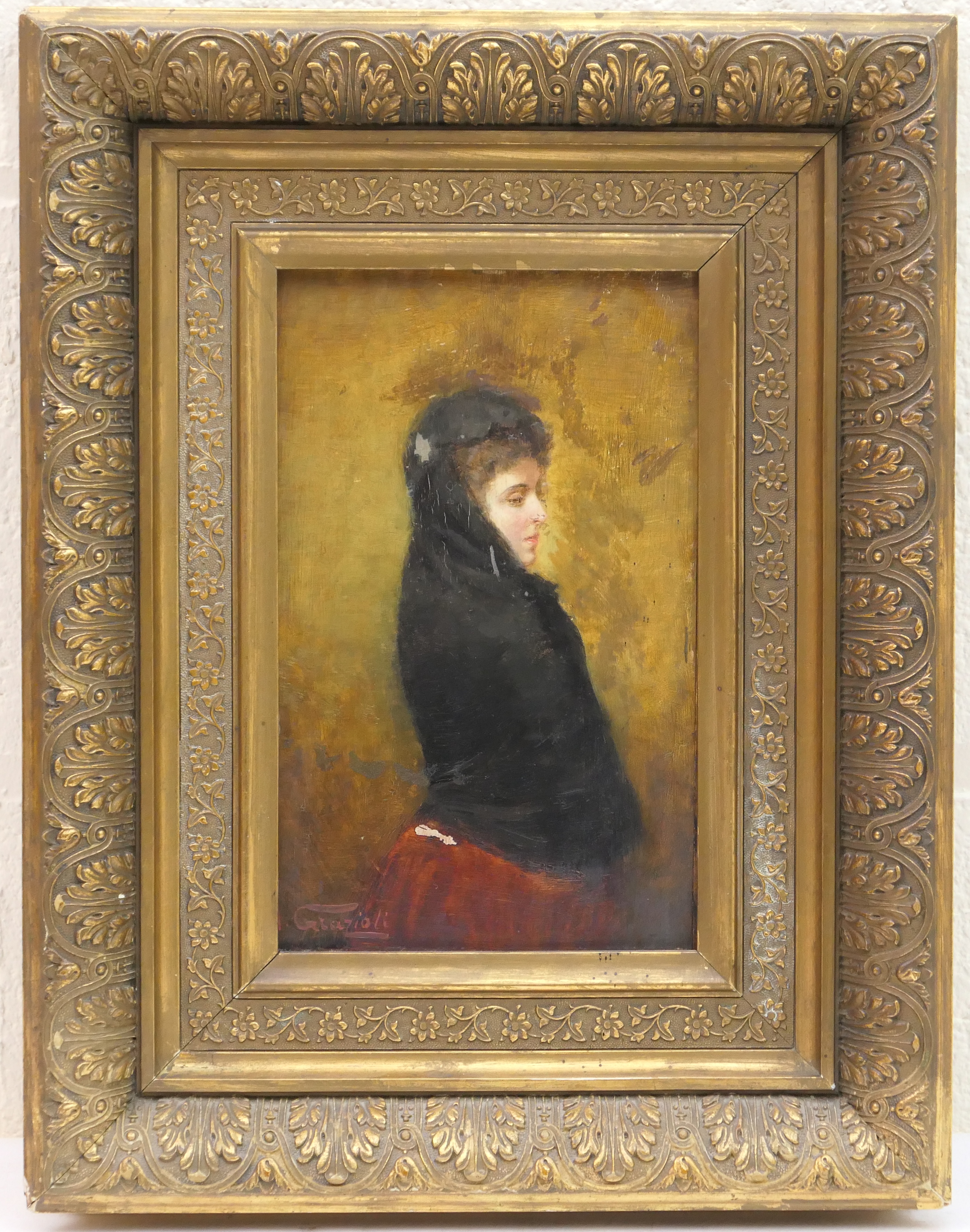 Grazioli (Italian, late 19th Century), Woman in a black shawl, signed oil on panel, 26cm x 16cm