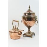 Victorian small copper kettle, 18.5cm diameter; also a Regency copper samovar with rams mask and