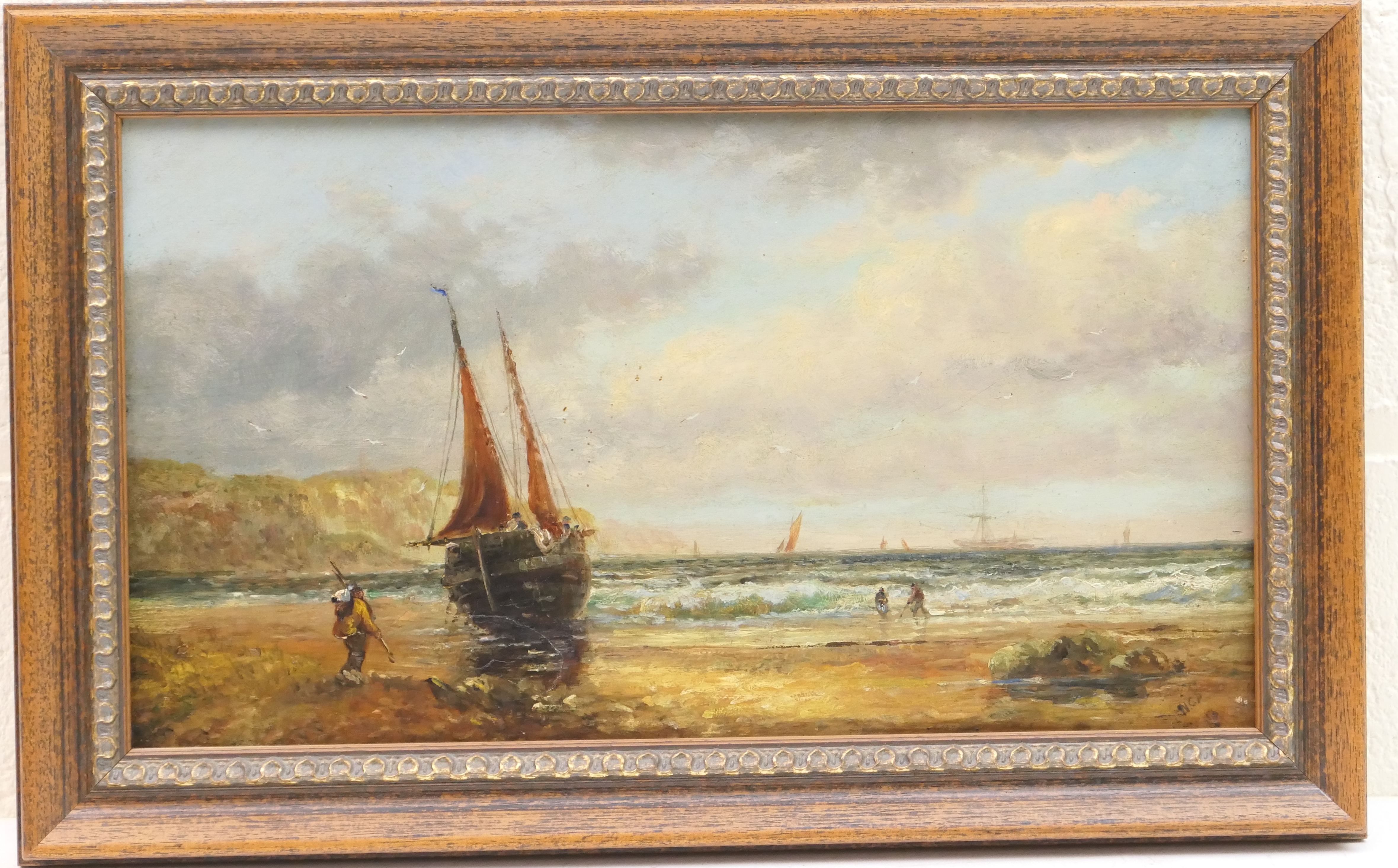 English School (late 19th Century), Pair, fishing smacks approaching shore on high and low tides,