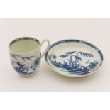 Worcester blue and white coffee cup and saucer, circa 1770, decorated with the candle fence pattern,