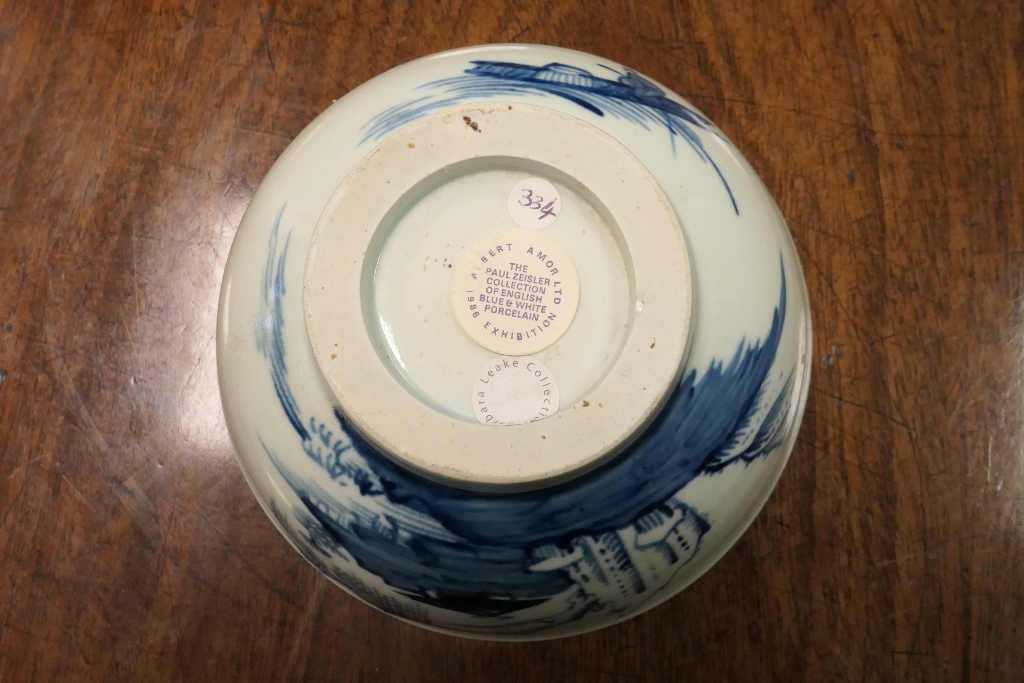 Richard Chaffers, Liverpool, blue and white bowl, circa 1765, decorated with a rock and willow river - Image 6 of 7