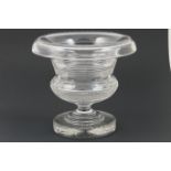 Edwardian cut glass table urn, everted rim over a slice cut band and a baluster body with strawberry