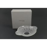Lalique Chevrefeuille dish, circular form with lug handles, moulded with leaves in frosted clear