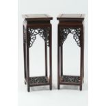 Pair of Chinese hardwood miniature jardiniere stands, 20th Century, traditional square form with