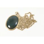 9ct gold and bloodstone pendant necklace, the oval bloodstone approx. 40mm x 30mm, in a collet