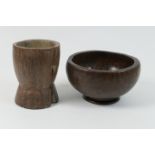 Burr wood hand carved footed bowl, possibly amboyna, 19cm x 17.5cm; also an old wooden mortar,